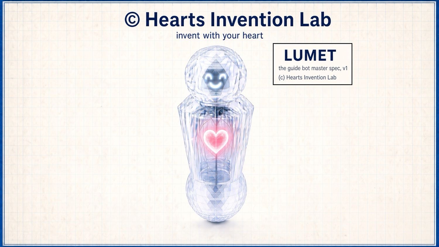 Lumet, a clear crystal guide bot with a glowing pink heart, standing on a blueprint grid